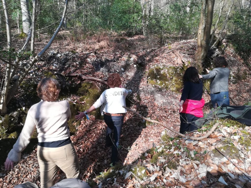 Mieux-être avec la forêt - 4 femmes de dos traversant une forêt.